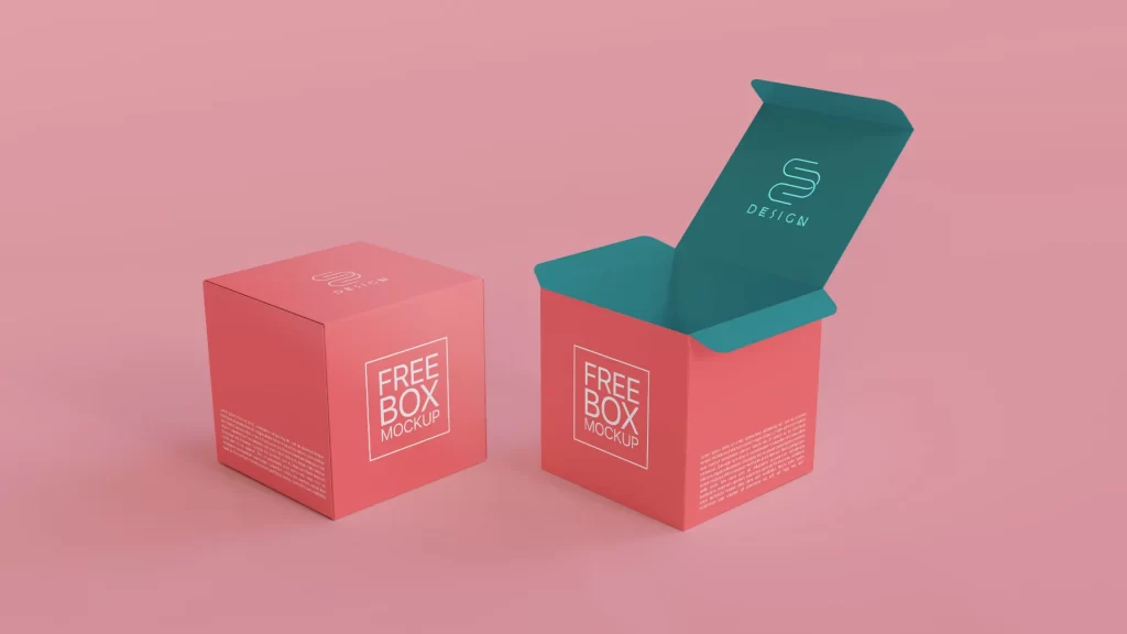 Pink square product box packaging mockup with a contrasting teal interior, featuring open and closed boxes.